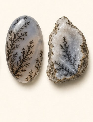 Dendritic Agate shown as a polished palm-stone or cabochon form beside a rough form in a generated educational comparison illustration