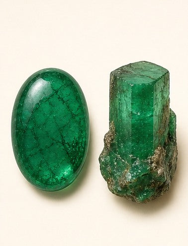 Emerald shown as a polished palm-stone or cabochon form beside a rough form in a generated educational comparison illustration