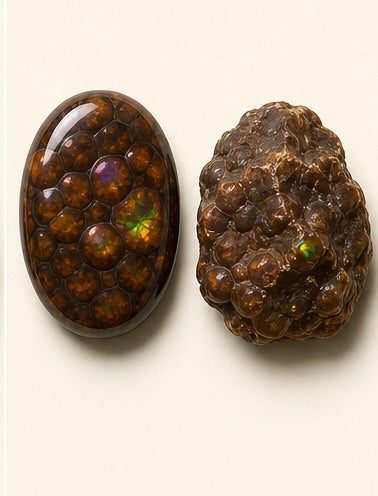 Fire Agate shown as a polished palm-stone or cabochon form beside a rough form in a generated educational comparison illustration