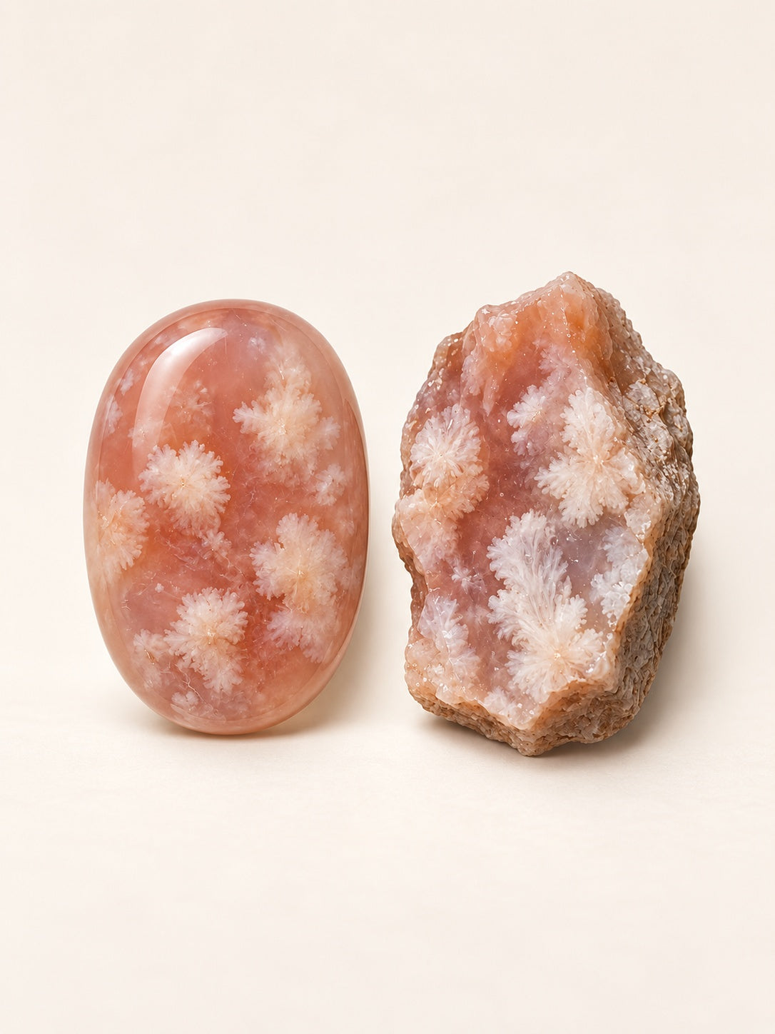 Flower Agate shown as a polished palm-stone or cabochon form beside a rough form in a generated educational comparison illustration