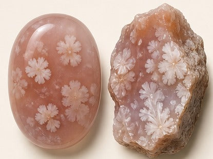 Flower Agate shown as a polished palm-stone or cabochon form beside a rough form in a generated educational comparison illustration