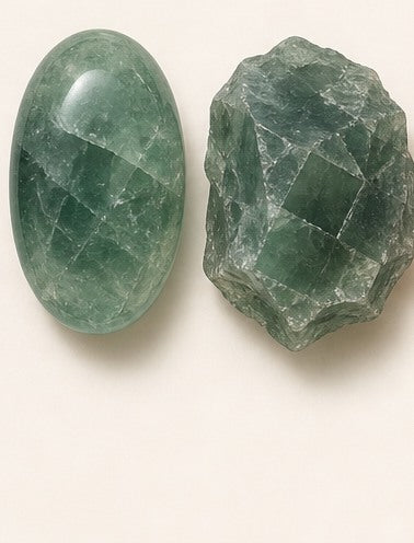 Fluorite shown as a polished palm-stone or cabochon form beside a rough form in a generated educational comparison illustration