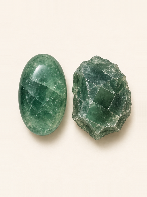 Fluorite shown as a polished palm-stone or cabochon form beside a rough form in a generated educational comparison illustration