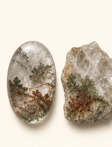 Garden Quartz shown as a polished palm-stone or cabochon form beside a rough form in a generated educational comparison illustration