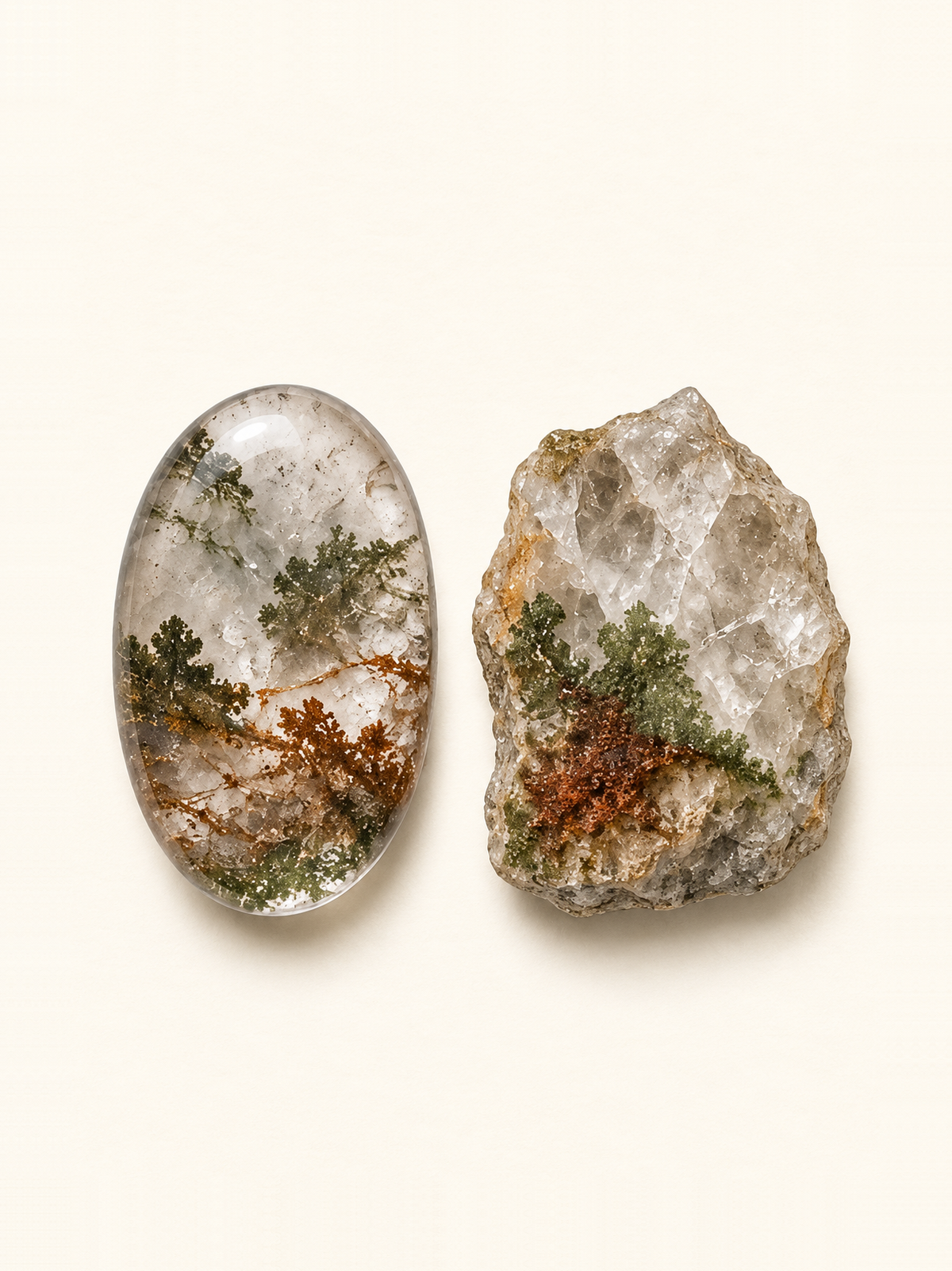 Garden Quartz shown as a polished palm-stone or cabochon form beside a rough form in a generated educational comparison illustration