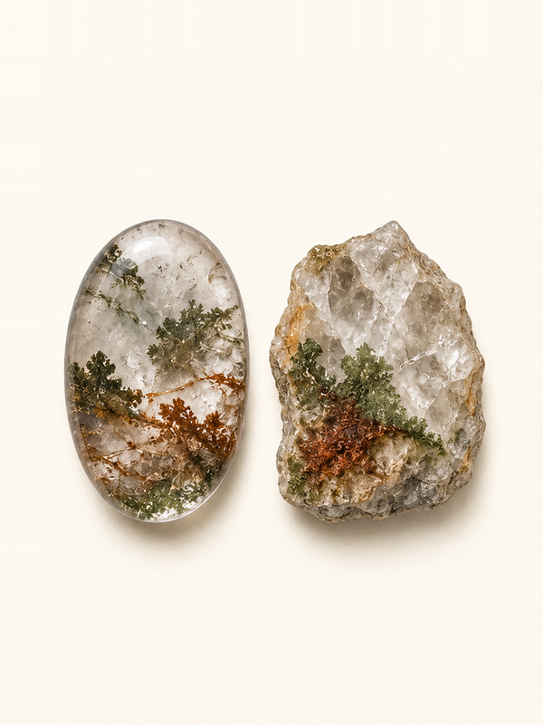 Garden Quartz shown as a polished palm-stone or cabochon form beside a rough form in a generated educational comparison illustration