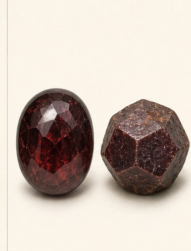 Garnet shown as a polished palm-stone or cabochon form beside a rough form in a generated educational comparison illustration