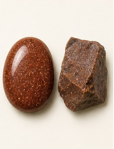 Goldstone shown as a polished palm-stone or cabochon form beside a rough form in a generated educational comparison illustration