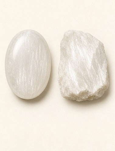 Gypsum shown as a polished palm-stone or cabochon form beside a rough form in a generated educational comparison illustration