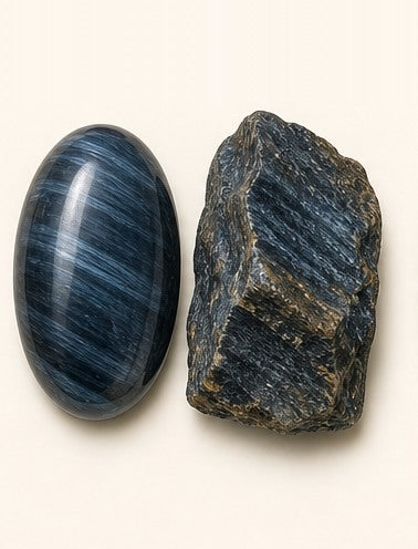Hawk's Eye shown as a polished palm-stone or cabochon form beside a rough form in a generated educational comparison illustration