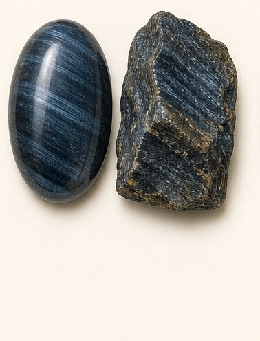 Hawk's Eye shown as a polished palm-stone or cabochon form beside a rough form in a generated educational comparison illustration