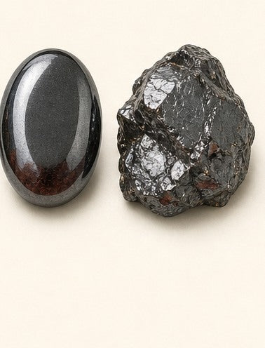 Hematite shown as a polished palm-stone or cabochon form beside a rough form in a generated educational comparison illustration