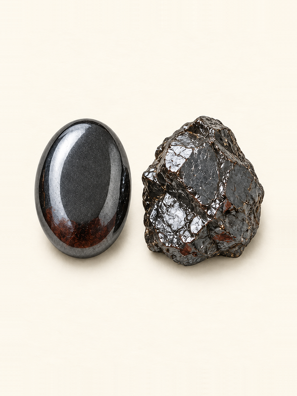 Hematite shown as a polished palm-stone or cabochon form beside a rough form in a generated educational comparison illustration