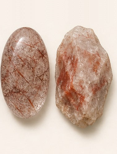 Hematoid Quartz shown as a polished palm-stone or cabochon form beside a rough form in a generated educational comparison illustration
