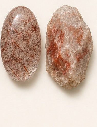 Hematoid Quartz shown as a polished palm-stone or cabochon form beside a rough form in a generated educational comparison illustration