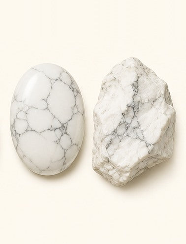 Howlite shown as a polished palm-stone or cabochon form beside a rough form in a generated educational comparison illustration