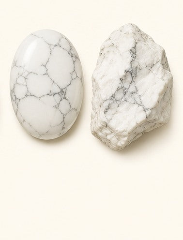 Howlite shown as a polished palm-stone or cabochon form beside a rough form in a generated educational comparison illustration