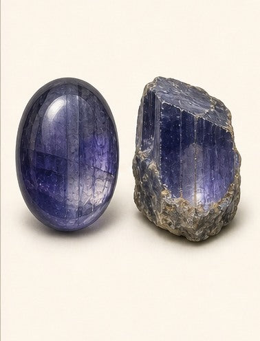 Iolite shown as a polished palm-stone or cabochon form beside a rough form in a generated educational comparison illustration