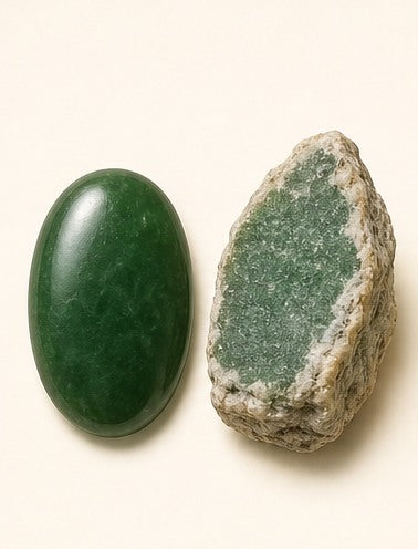 Jadeite Jade shown as a polished palm-stone or cabochon form beside a rough form in a generated educational comparison illustration
