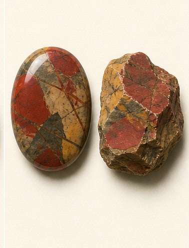 Jasper shown as a polished palm-stone or cabochon form beside a rough form in a generated educational comparison illustration