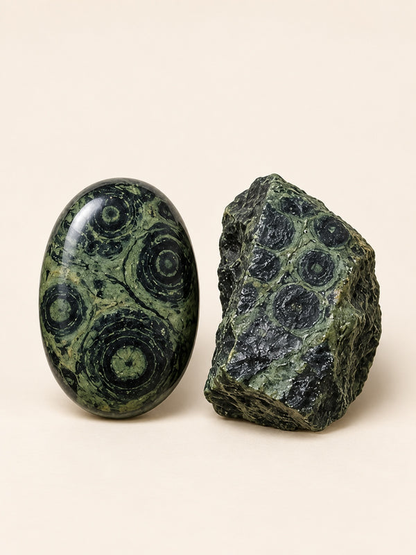 Kambaba Jasper shown as a polished palm-stone or cabochon form beside a rough form in a generated educational comparison illustration