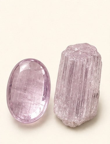 Kunzite shown as a polished palm-stone or cabochon form beside a rough form in a generated educational comparison illustration