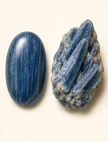 Kyanite shown as a polished palm-stone or cabochon form beside a rough form in a generated educational comparison illustration