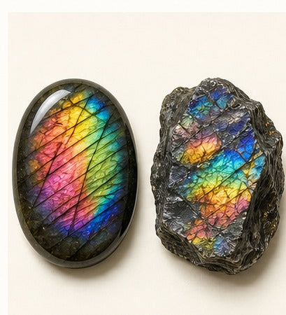 Labradorite shown as a polished palm-stone or cabochon form beside a rough form in a generated educational comparison illustration