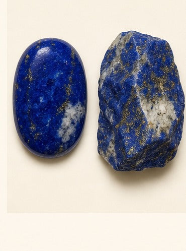 Lapis Lazuli shown as a polished palm-stone or cabochon form beside a rough form in a generated educational comparison illustration