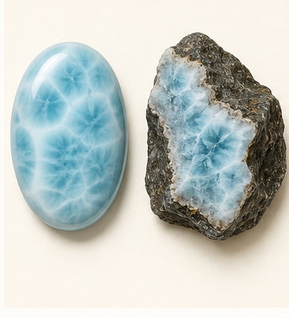 Larimar shown as a polished palm-stone or cabochon form beside a rough form in a generated educational comparison illustration