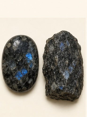 Larvikite shown as a polished palm-stone or cabochon form beside a rough form in a generated educational comparison illustration