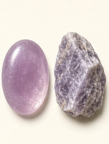 Lavender Quartz shown as a polished palm-stone or cabochon form beside a rough form in a generated educational comparison illustration