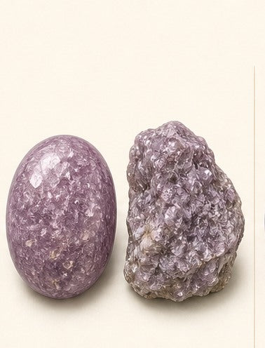 Lepidolite shown as a polished palm-stone or cabochon form beside a rough form in a generated educational comparison illustration