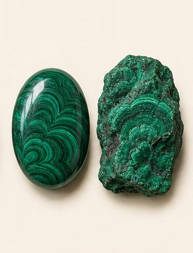 Malachite shown as a polished palm-stone or cabochon form beside a rough form in a generated educational comparison illustration