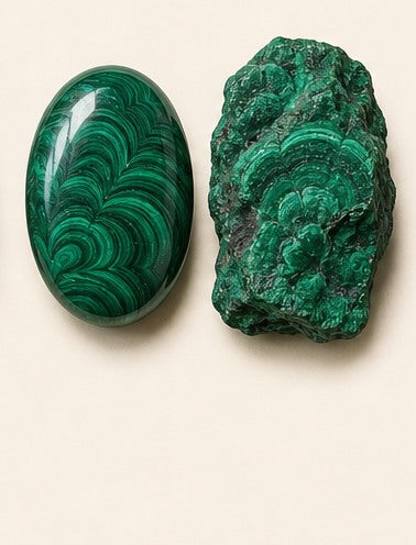 Malachite shown as a polished palm-stone or cabochon form beside a rough form in a generated educational comparison illustration