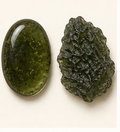 Moldavite shown as a polished palm-stone or cabochon form beside a rough form in a generated educational comparison illustration