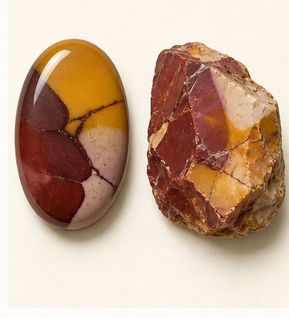 Mookaite shown as a polished palm-stone or cabochon form beside a rough form in a generated educational comparison illustration