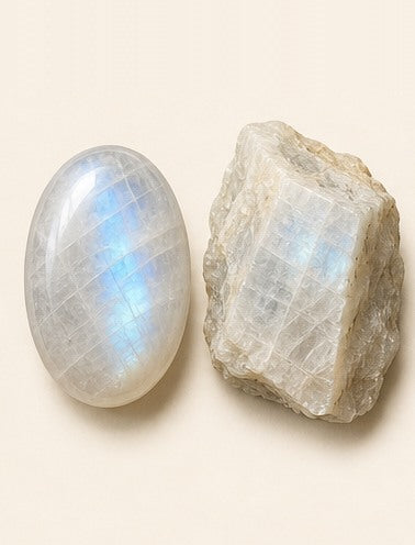 Moonstone shown as a polished palm-stone or cabochon form beside a rough form in a generated educational comparison illustration