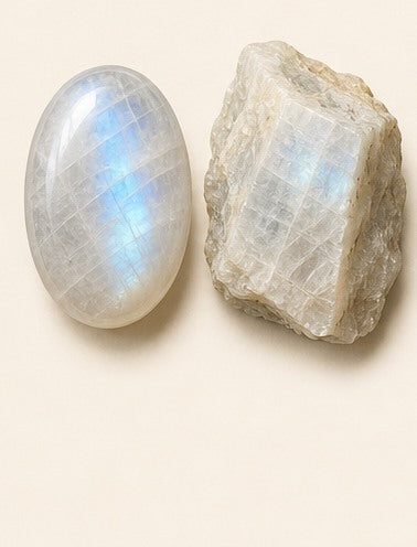 Moonstone shown as a polished palm-stone or cabochon form beside a rough form in a generated educational comparison illustration