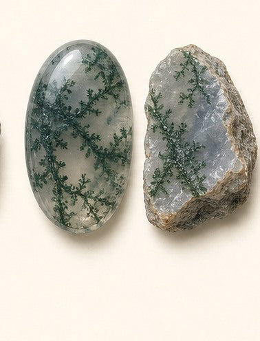 Moss Agate shown as a polished palm-stone or cabochon form beside a rough form in a generated educational comparison illustration
