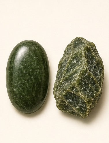 Nephrite Jade shown as a polished palm-stone or cabochon form beside a rough form in a generated educational comparison illustration