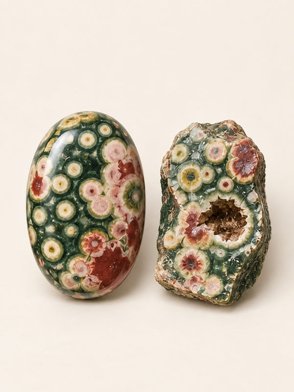 Ocean Jasper shown as a polished palm-stone or cabochon form beside a rough form in a generated educational comparison illustration