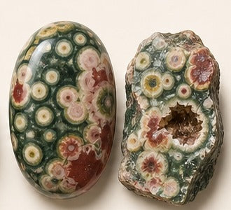 Ocean Jasper shown as a polished palm-stone or cabochon form beside a rough form in a generated educational comparison illustration