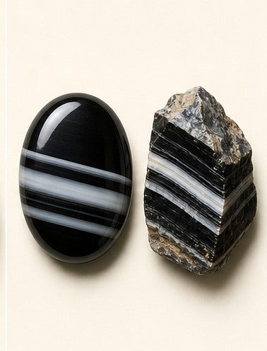 Onyx shown as a polished palm-stone or cabochon form beside a rough form in a generated educational comparison illustration