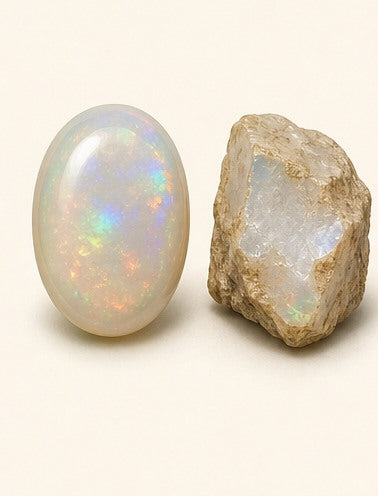 Opal shown as a polished palm-stone or cabochon form beside a rough form in a generated educational comparison illustration