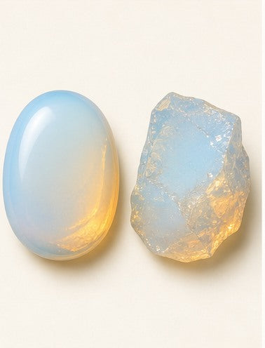 Opalite shown as a polished palm-stone or cabochon form beside a rough form in a generated educational comparison illustration