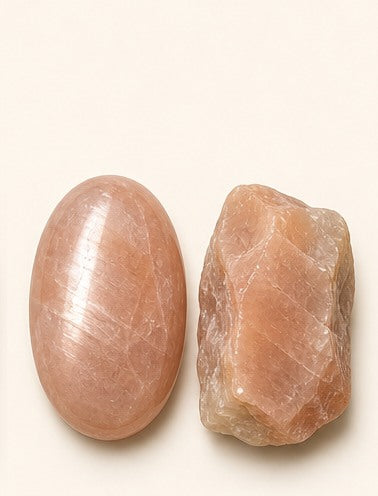 Peach Moonstone shown as a polished palm-stone or cabochon form beside a rough form in a generated educational comparison illustration
