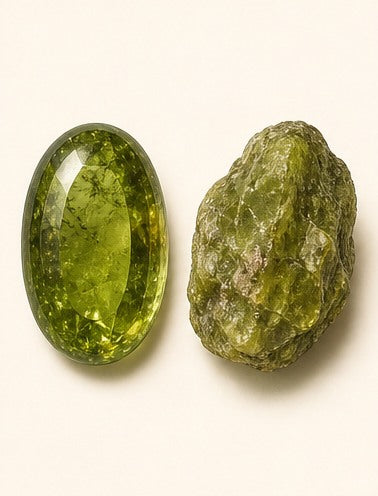 Peridot shown as a polished palm-stone or cabochon form beside a rough form in a generated educational comparison illustration