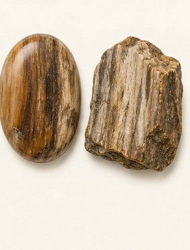 Petrified Wood shown as a polished palm-stone or cabochon form beside a rough form in a generated educational comparison illustration
