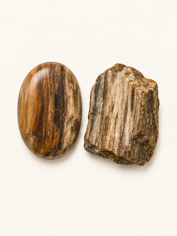Petrified Wood shown as a polished palm-stone or cabochon form beside a rough form in a generated educational comparison illustration